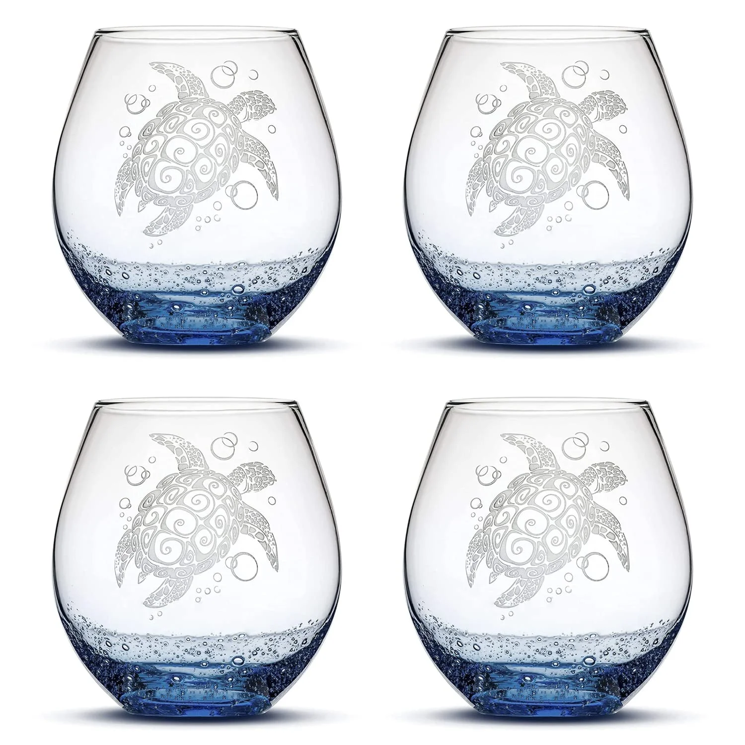 ribal Sea urle Design, (Se Of 4) Semless Wine Glass, Handmade, Handblown, Hand Eched Gifs, Sand Carved, 18Oz (Bubbly Blue)
