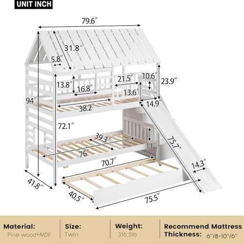 MERITLINE House Bunk Beds Twin Over Twin with Slide, Twin Bunk Bed with Storage Stairs and Trundle, Wood Kids Bunk Bed with Roof and Window Design for Girls, Boys,White