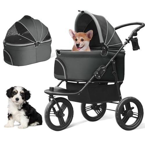 Dog Stroller for Small Medium Dogs, 3 in 1 Pet Stroller for Cats and Dogs, 3 Wheels Jogging Stroller with Removable Carrier, All Terrain Stroller with Storage Basket and Cup Holder (Black)