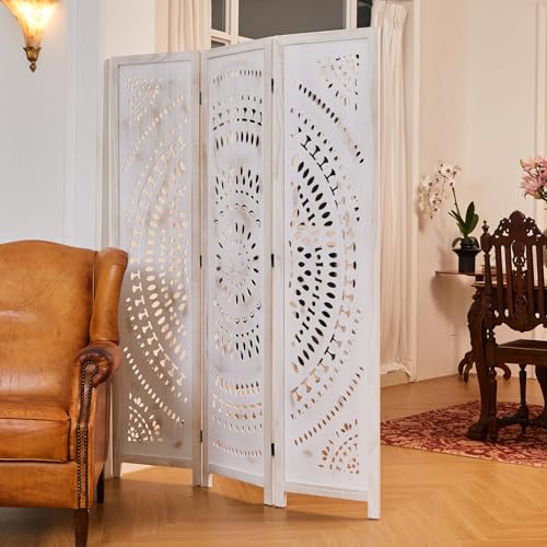 66.9Inch Folding Room Divider, 6 Panels Wood Carved Privacy Screens, Free Assembled Freestanding Partition for Home Office Restaurant Bedroom (Natural)