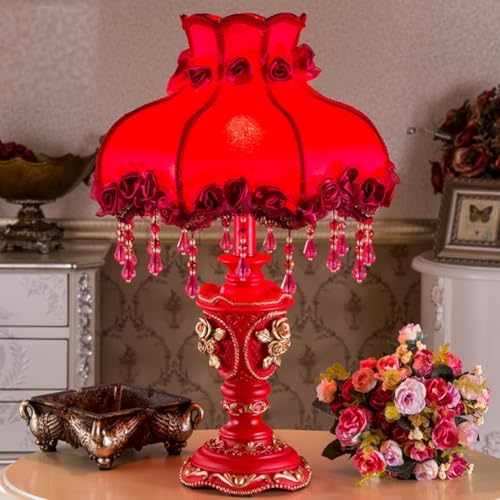 Antique Victorian Lamp Blue Fabric Table Lamp European Pastoral Nightstand Lamp Vase Shape 1 Head Flower Floral Table Light with Beaded Fringe and Lace