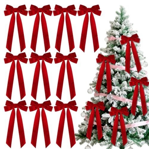 Velvet Ribbon Bows for Christmas Tree, Burgundy Bows for Christmas Tree Craft Ornaments, Hair Clip for Women, Velvet Bow for Garland Wreath Gift Wrapping Candy Bags Party DIY Decor (Red, 10)