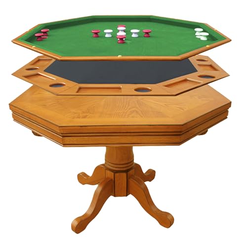 Hathaway Kingston 3 in 1 Octagon Poker Table, Dining & Bumper Pool Table for Game Rooms - Durable Hardwood, Sturdy Legs, Smooth Playfield - Includes Bumper Balls, Cues, Chalk, Brush - Oak