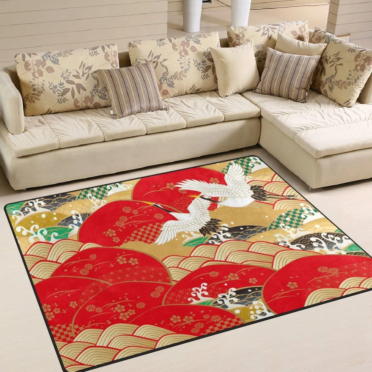 Wellsay Japanese Stylish Crane Bird Area Rug Rugs for Living Room Bedroom 5'3