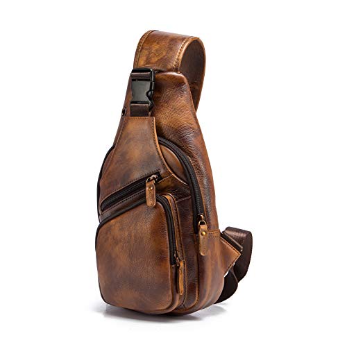 Le'aokuu Men Fashion Casual Tea Designer Travel Hiking Crossbody Chest Sling Bag Rig One Shoulder Strap Bag Men Leather 8015