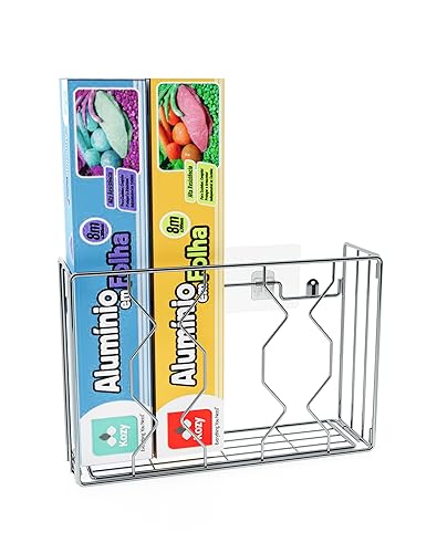 Wall Mount Kitchen Wrap Organizer Rack, Cabinet Storage Basket, Aluminum Foil Rack, Mounts to Solid Cabinet Doors or Walls, Tall Basket Door Mount Cabinet Organizer