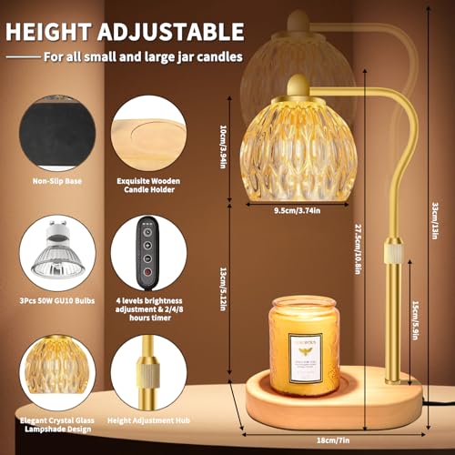Candle Warmer Lamp with 3 Bulbs, Electric Wax Melter Warmer with Timer, Dimmable Candle Warmer Light Adjustable Hight for Small & Large Jar Candle, Aromatic Candle Holder Heater for Home Decor (Gold)