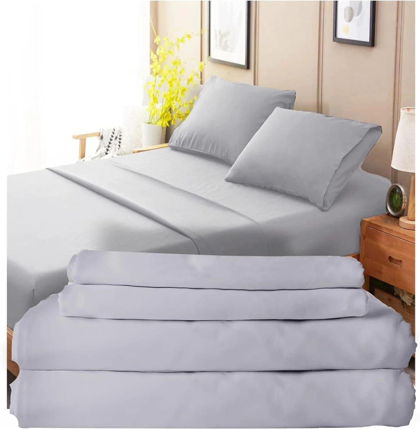 300 hread Cou Bed Shees For Size Bed | Ligh Gray, 4 Pcs Kig Size Bed Shees Se | 100% Coo | Exra Log Saple Yars | Saee Weave  Bed Shees & Pillowcases