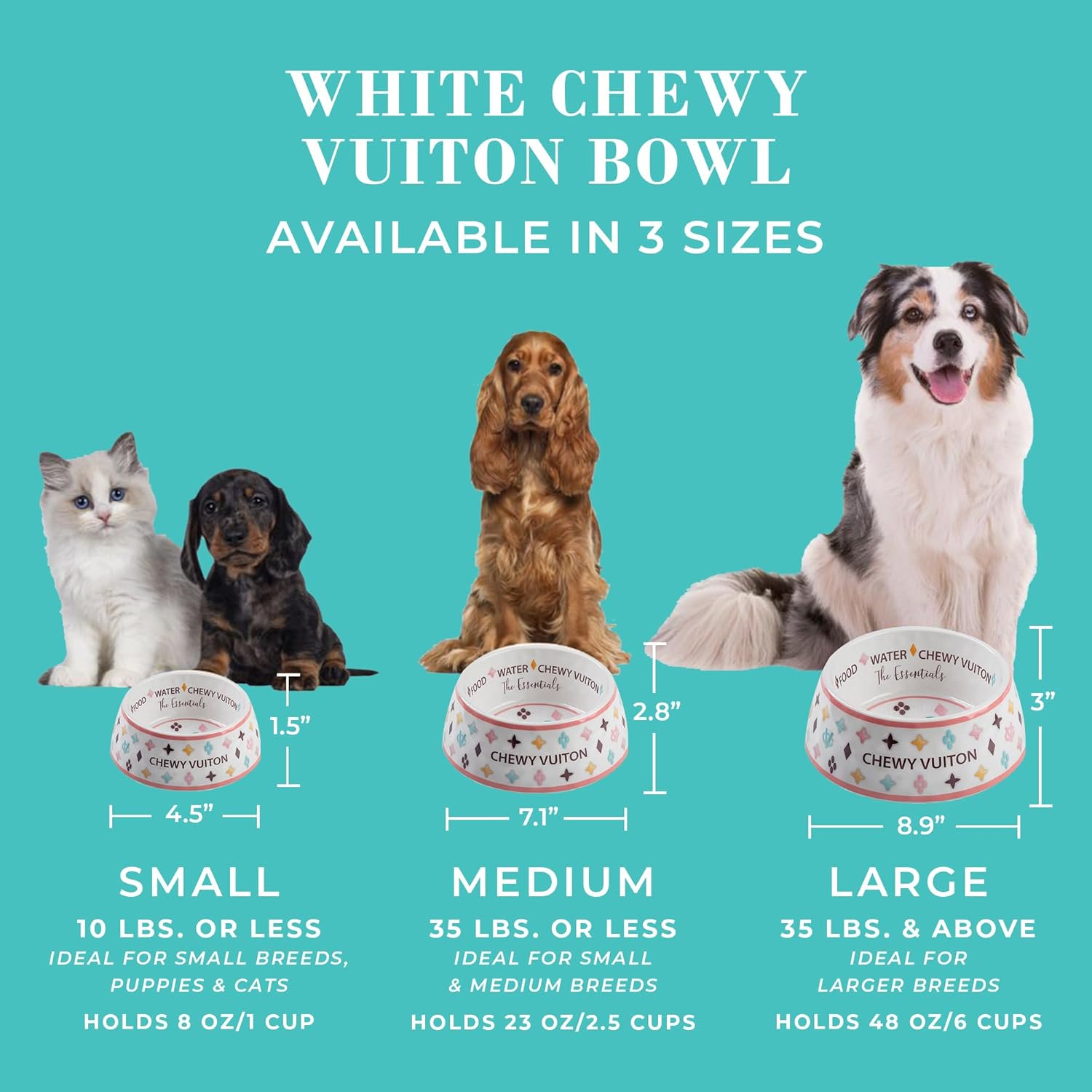 White Chewy Vuiton Dog Bowls & Placemat, BPA-Free Food & Water Bowls, Non-Skid, Dishwasher Safe, Includes Food Mat, Small Size, Case of 2