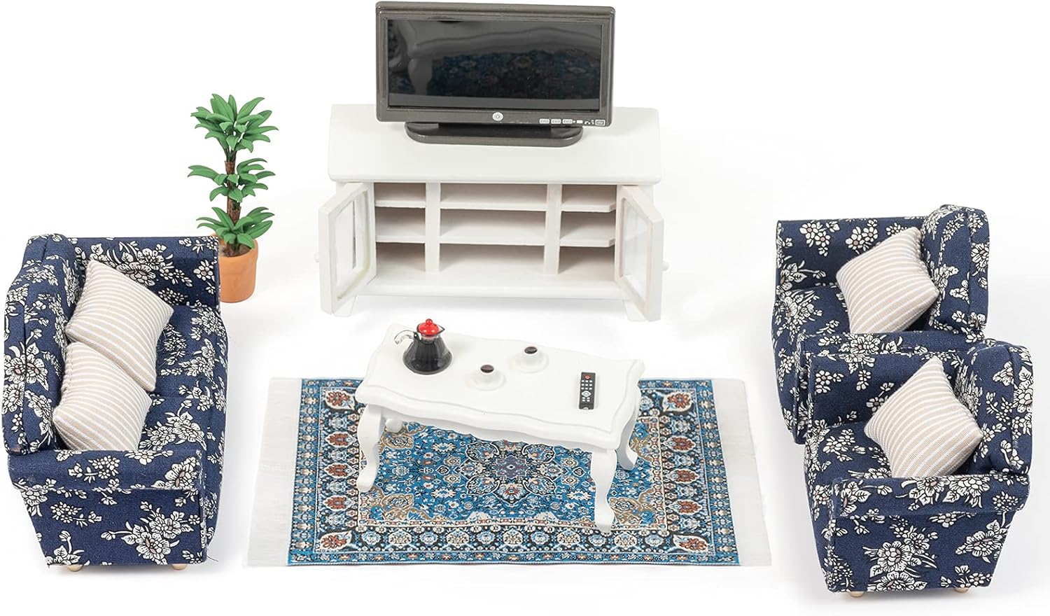 SAMCAMI Wooden Dollhouse Furniture Set - 1 12 Scale Miniature Dollhouse Living Room Set (16 Pieces), Couch, TV Cabinet, Coffee Table and Other Dollhouse Accessories (White)