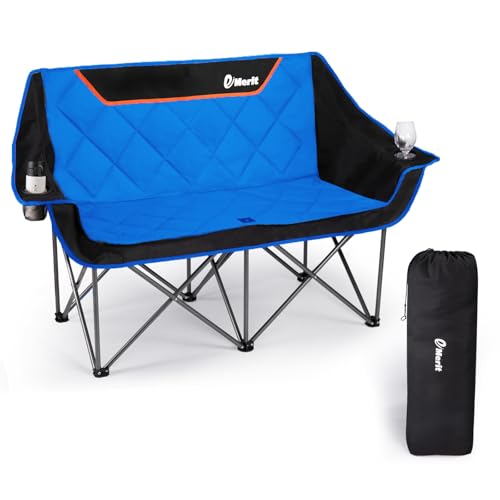EMERIT Oversized Double Duo Camping Chair Folding Camping Loveseat 2 Person Camping Couch Heavy Duty Lawn Chairs for Outside with Padded Seats & Armrests-Support 650LBS