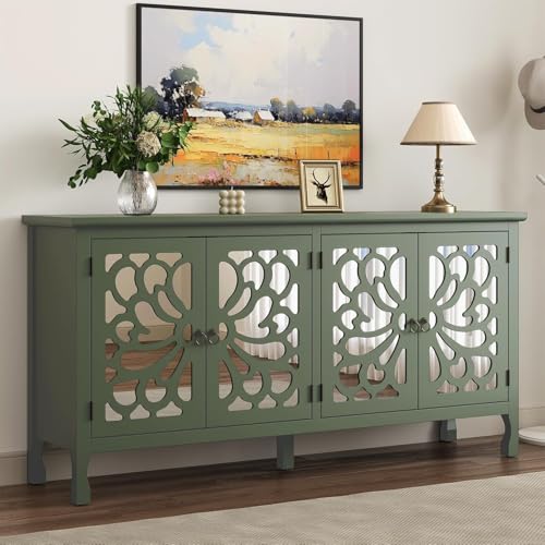 RoyalCraft Buffet Cabinet with Mirror Butterfly Carved Door, 63'' Sideboard Cabinet with Adjustable Shelves, Modern Vintage Accent Credenza Media Console for Entryway, Kitchen, Forest Green