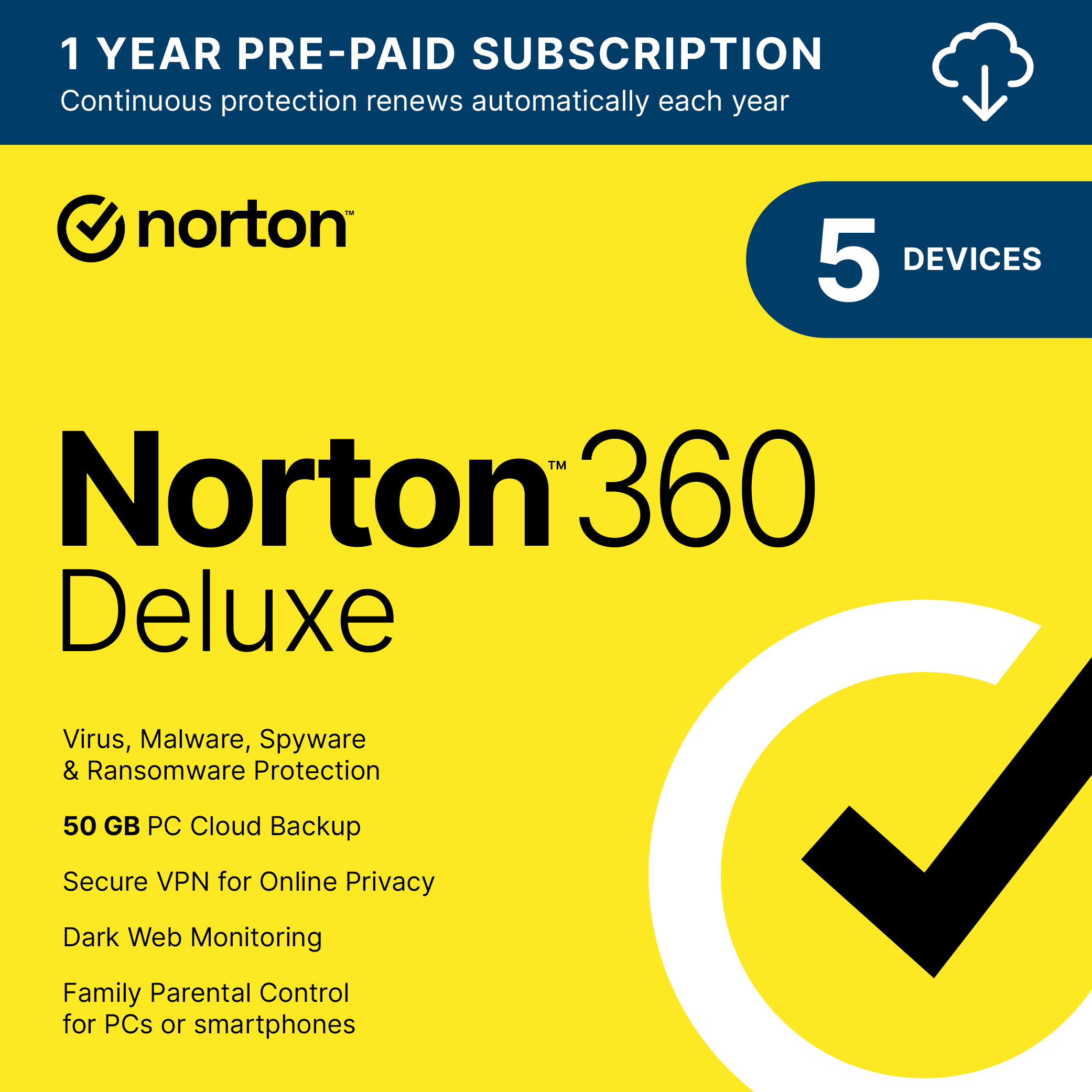 Norton 360 Deluxe, Antivirus Software for 5 Devices, 1 Year Subscription, PC/Mac/iOS/Android [Digital Download]