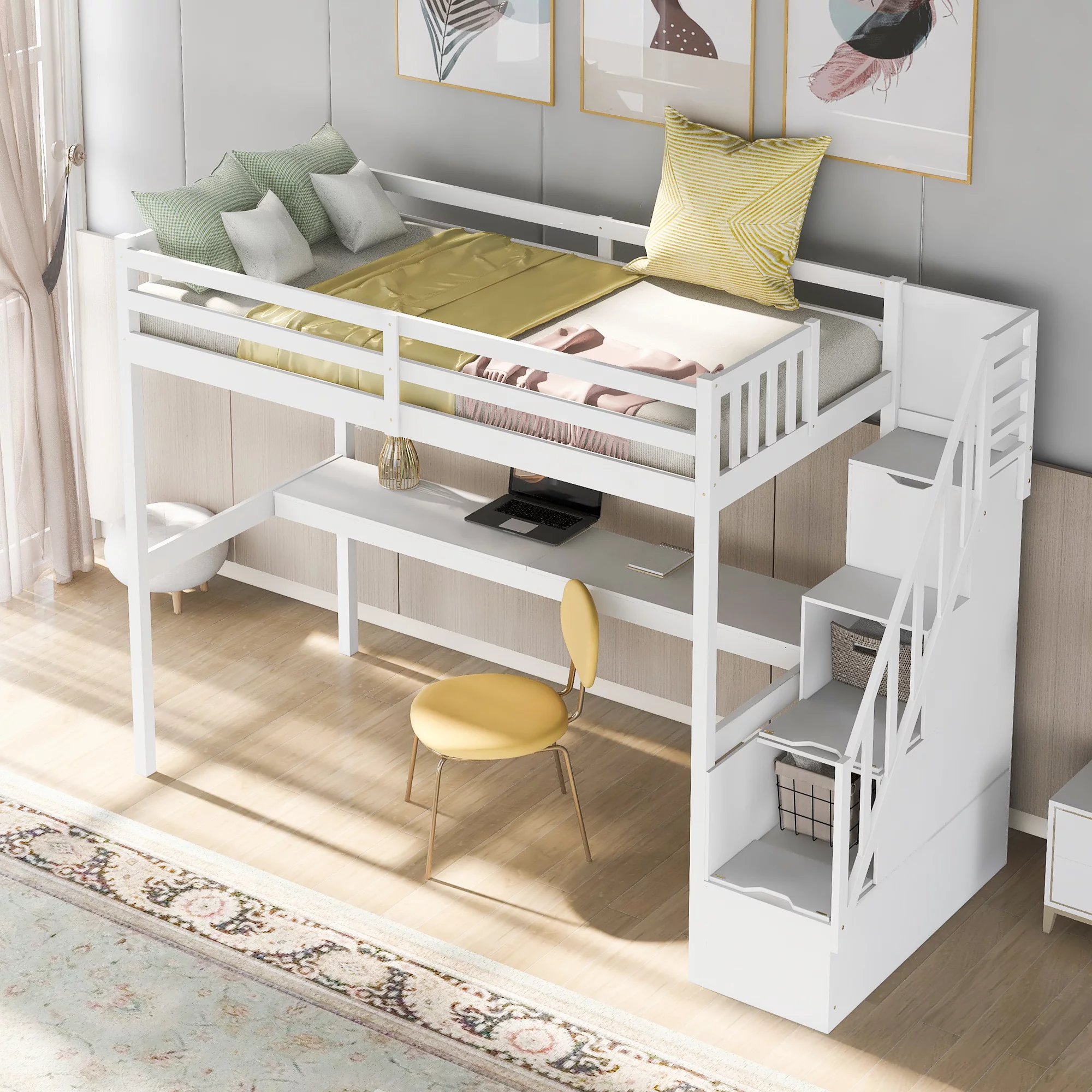 EUROCO Twin Size Loft Bed with Storage Staircase and Built-in Desk, White