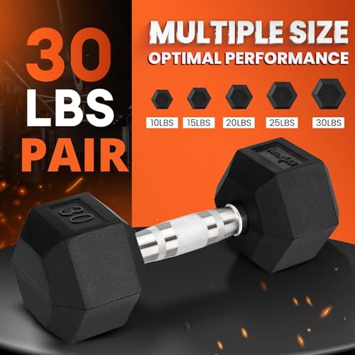 Yes4All Chrome/Rubber Grip Encased Hex Dumbbells – Hand Weights With Anti-Slip 10-30 LBS Pair