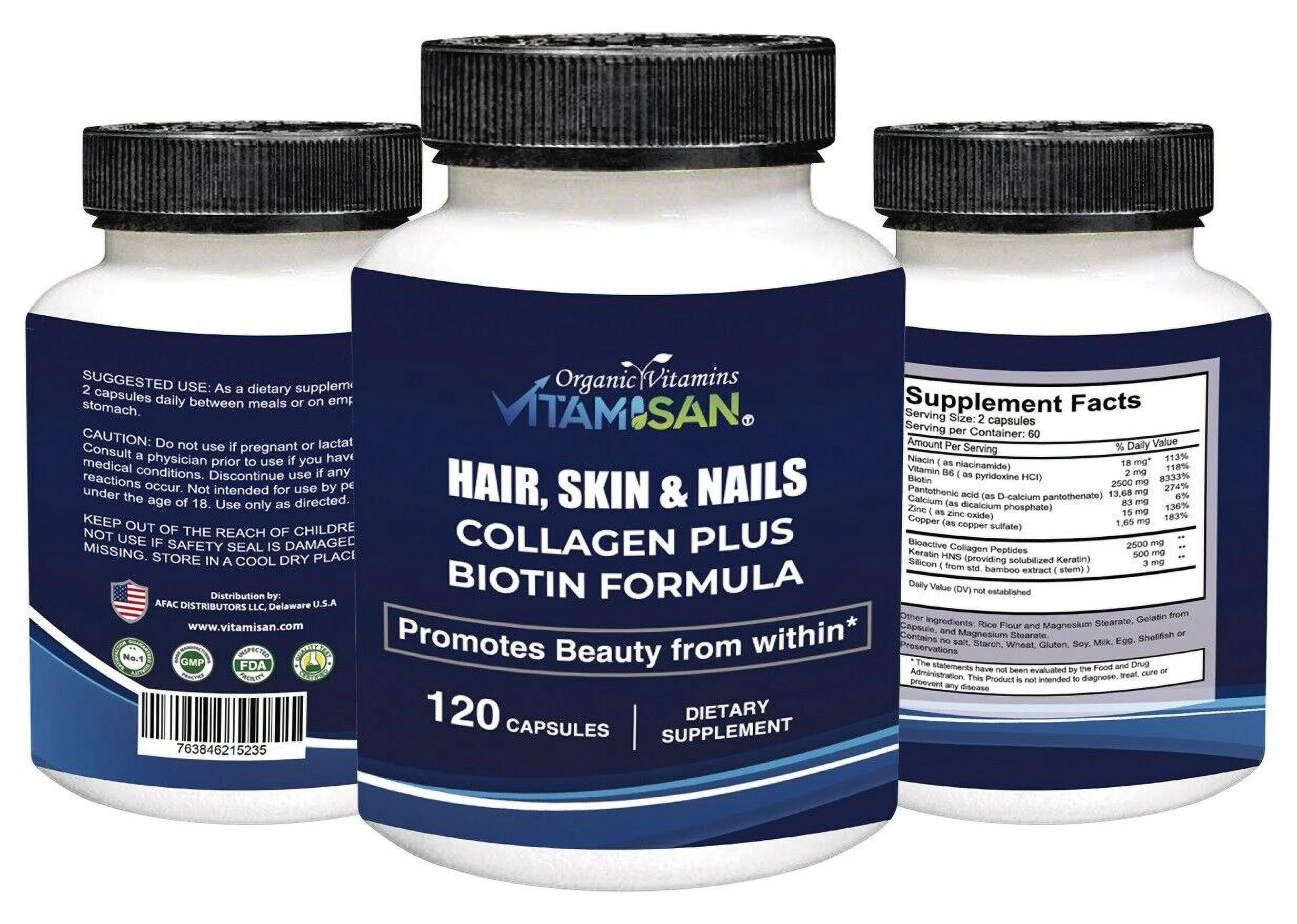 Hair, Skin, Nails Collagen Plus Biotin Formula Capsules 3000 mg 120 Count Pack of 2