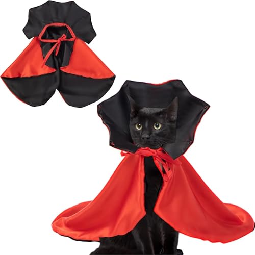 Halloween Cat and Dog Vampire Costume, Halloween Pet Cape Devil Costume Adjustable Red Black Cape(Black red,M 8-11kg)