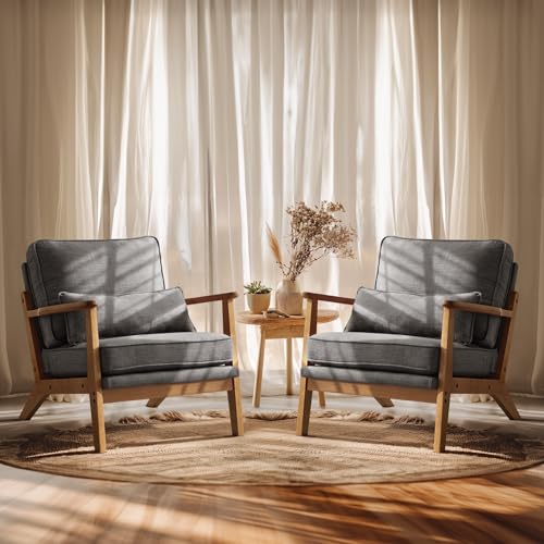 VINGLI Solid Wood Wide Armrests Accent Chair,Upholstered Mid Century Modern Chair with Pillow,Comfy Reading Chair Farmhouse Arm Chair,Chairs Living Room,Bedroom,Guest Room,Linen Fabric,Beige