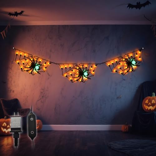 Halloween Decorations Spider Web Lights - 52.8 Inch/4.4 ft Connected Cobweb with Scary Spiders, 54 Orange & 3 Green LEDs, Timer Function, Lighted Spider Nets for Indoor Ourdoor Yard Patio