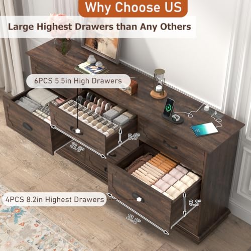 70inch Large Long Dresser w/Charging Station,10 Drawer Dresser w/Deep Big Drawers,Wooden Chest of Drawers w/Power Outlet,White Dressers for Bedroom,Living Room,Entryway