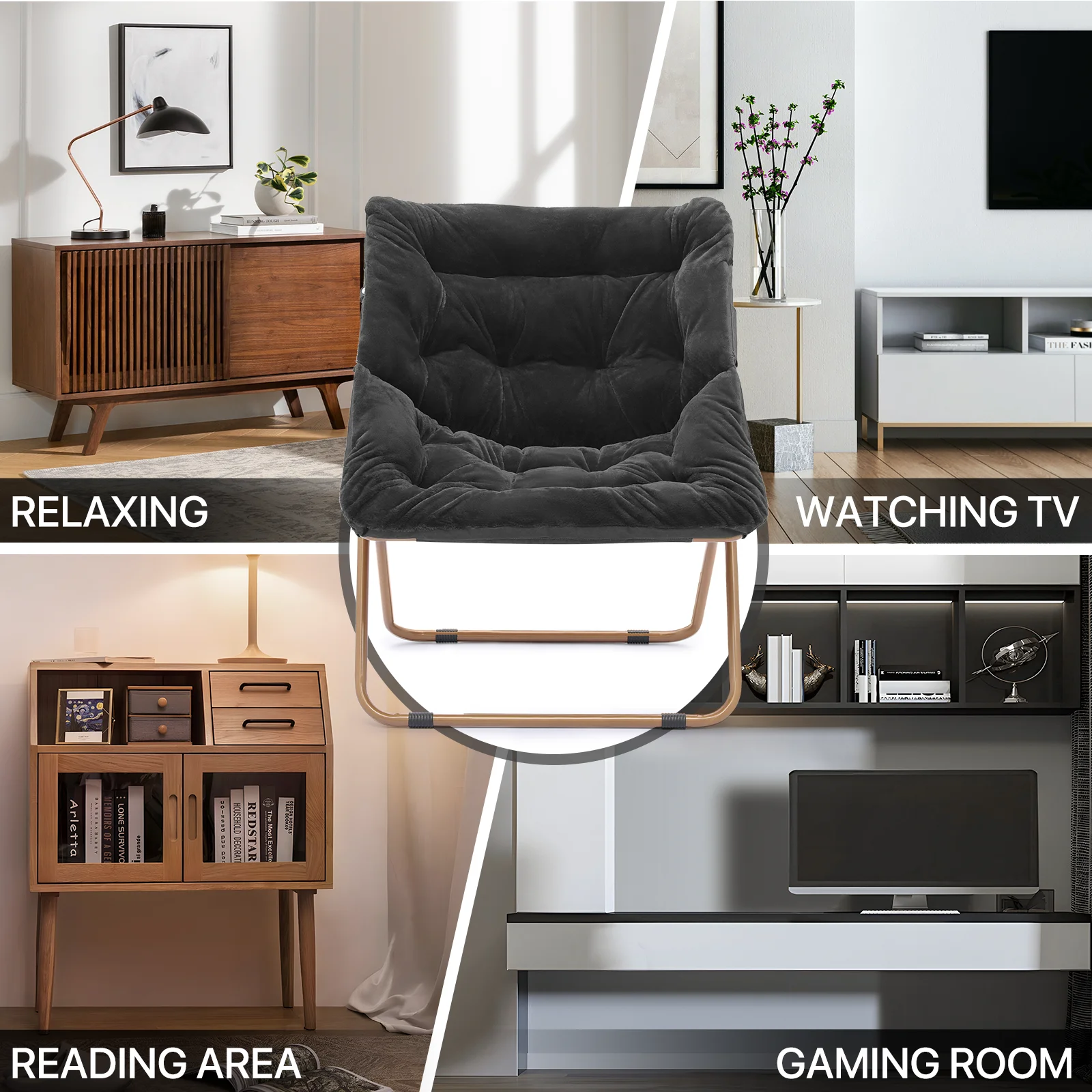 MoNiBloom Set of 2 Saucer Chair with Ottoman, Faux Fur Folding Chair and Footrest Set with Metal Frame, Foldable Lounge Chair and Foot Stool Set, Black