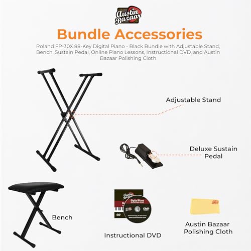 Roland FP-30X 88-Key Digital Piano - Black Bundle with Adjustable Stand, Bench, Sustain Pedal, Online Piano Lessons, Instructional DVD, and Austin Bazaar Polishing Cloth
