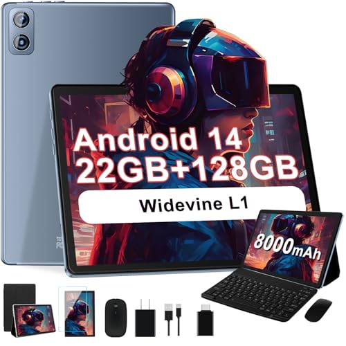 Android 14 Tablet, 22G+128G/1TB Expansion, 10 inchTablets with 8000 mAh Battery,Octa-Core, GPS, Split-Screen, FaceUnlock, 2 in 1 Tablet with Keyboard, Mouse, Case, Metal Grey