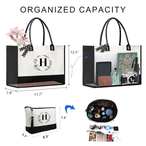 BeeGreen Mother's Day Gifts Personalized Women's Large White and Black Canvas Tote Bag, Embroidered Initials, Leather Handle, Zipper Closure