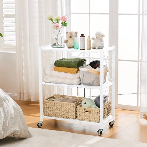 BRIAN & DANY 4-Shelf Foldable Storage Shelves with Wheels, Folding Metal Rack Shelving Unit, Heavy Duty No Assembly Organizer Shelf for Garage, Kitchen, Basement, Pantry, Black