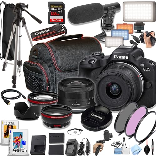 Canon EOS R50 24.2MP APS-C CMOS Sensor Mirrorless Camera with 18-45mm Lens, 128GB Extreme Speed Memory, Video Light, Microphone, Grip, Filters, Lenses, Case, Software, More, Black (Renewed)