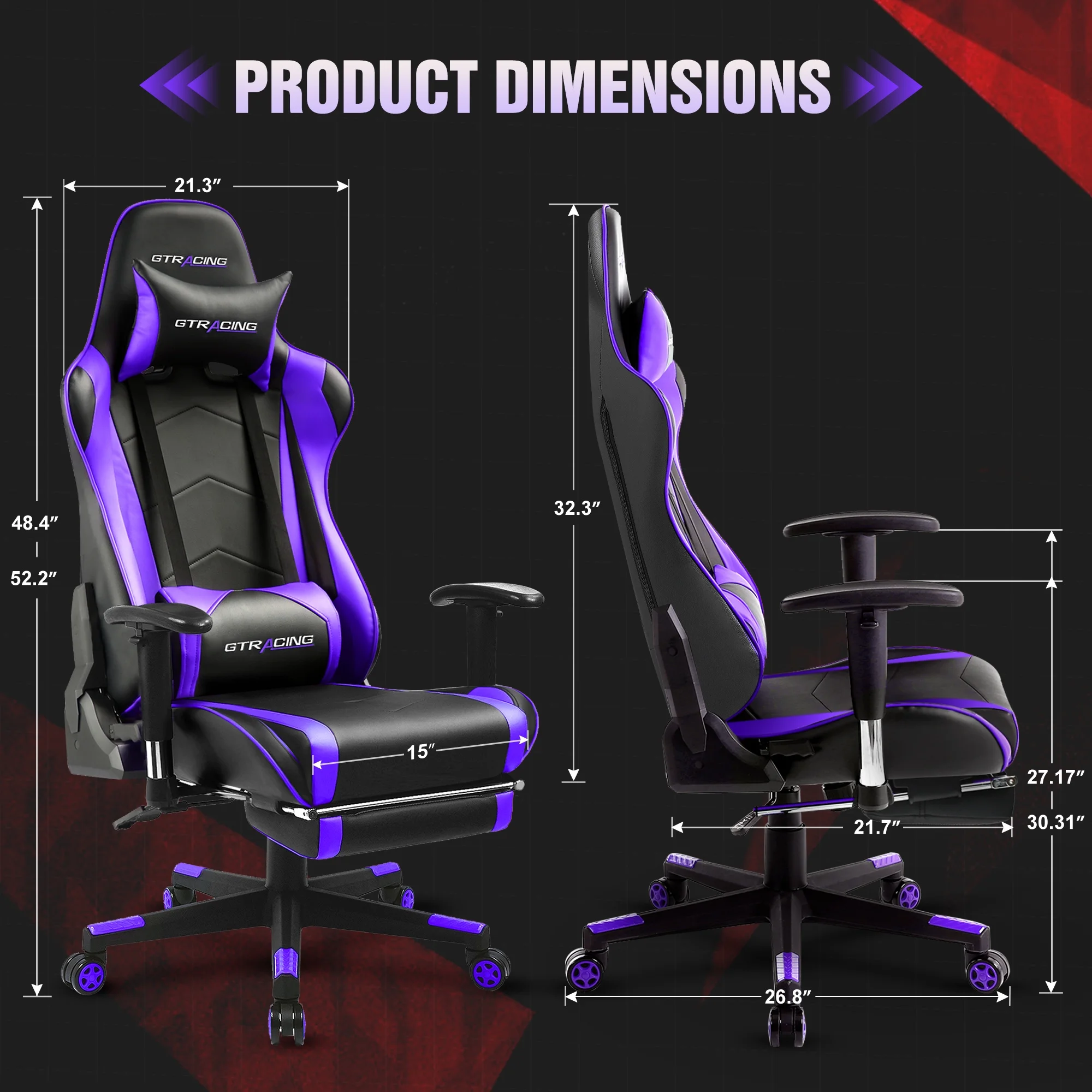 GTRACING Gaming Chair with Footrest PU Leather Office Chair with Adjustable Headrest, Purple