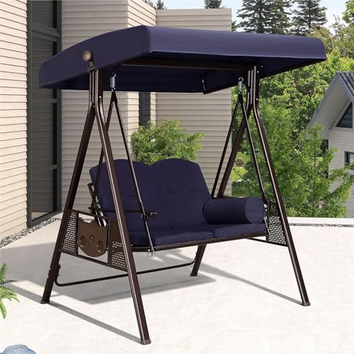 PURPLE LEAF 3-Seat Deluxe Outdoor Patio Porch Swing with Weather Resistant Steel Frame, Adjustable Tilt Canopy, Cushions and Pillow Included, Beige