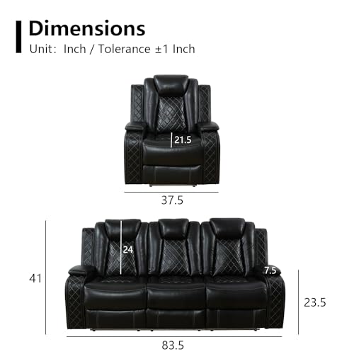 Power Black Leather Recliner Sofa Set with LED Light for Living Room Furniture，Power Reclining Sofa with Drop-Down Table/Double Recliner Loveseat with Storage Console/Home Theater Recliner