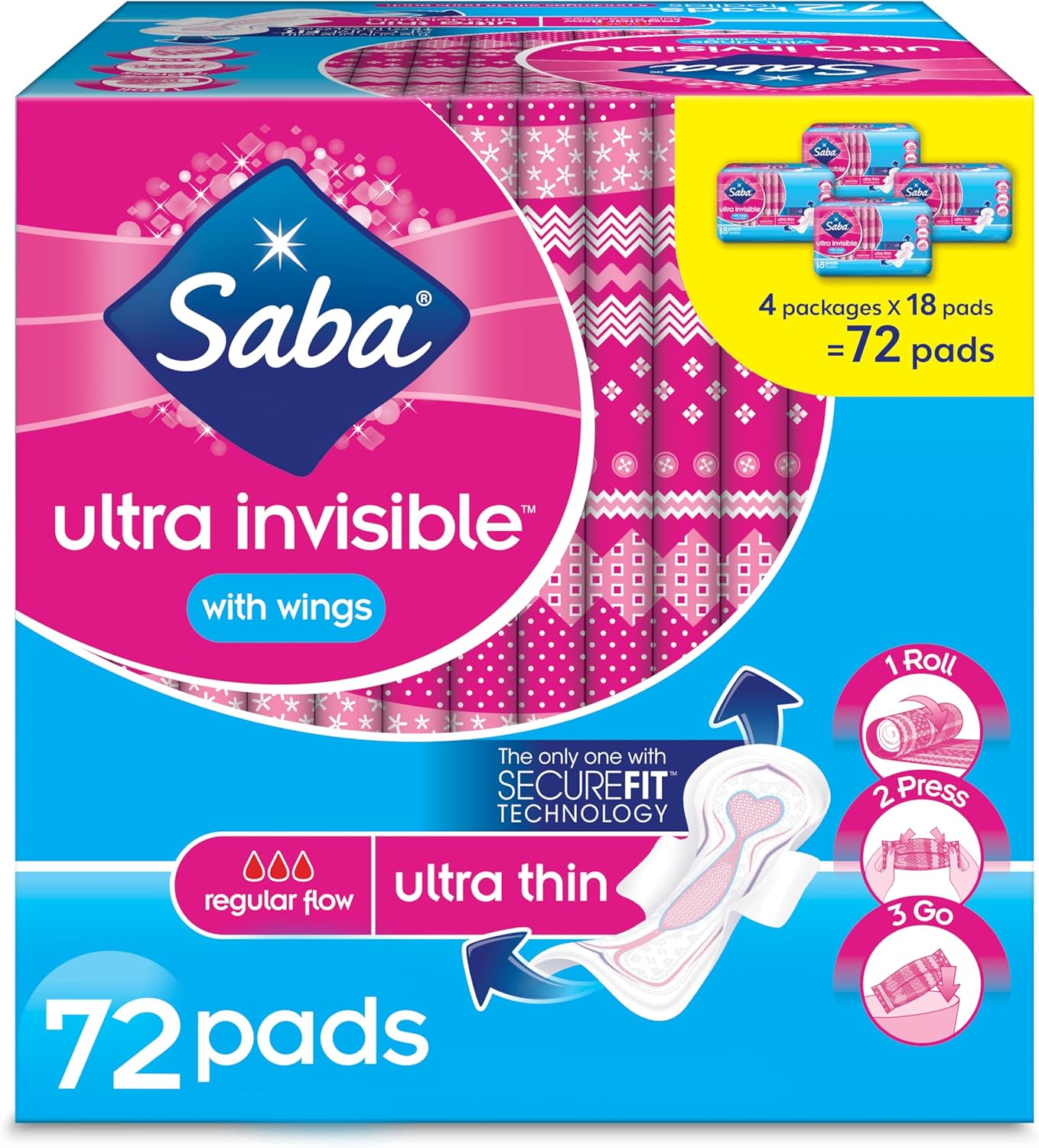 Saba Ultra Invisible Ultra Thin Pads with Wings, 72 Count