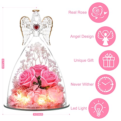 Birthday Gifts for Women Grandma Mom Girlfriend,Preserved Flower Unique Three Real Roses in Glass Angel Figurines, Angels Gifts for Her on Christmas,Valentines Day,Mothers Day.Pink