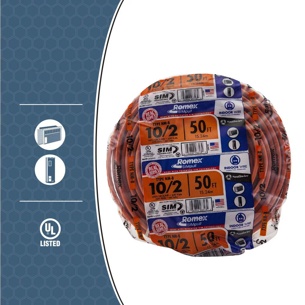 Southwire 28829022 50' 10/2 with ground Romex brand SIMpull residential indoor electrical wire type NM-B Orange
