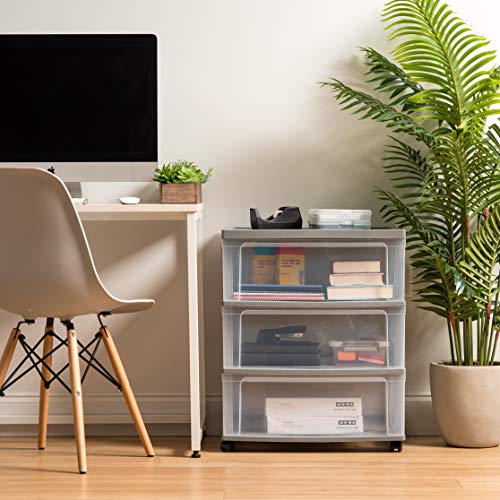 IRIS USA Plastic Drawer Storage Organizer Rolling Cart, with Wheels Casters, 3-Drawers, for Art Craft Supplies Bathroom Dorm Bedroom Laundry Room, Wide, Gray