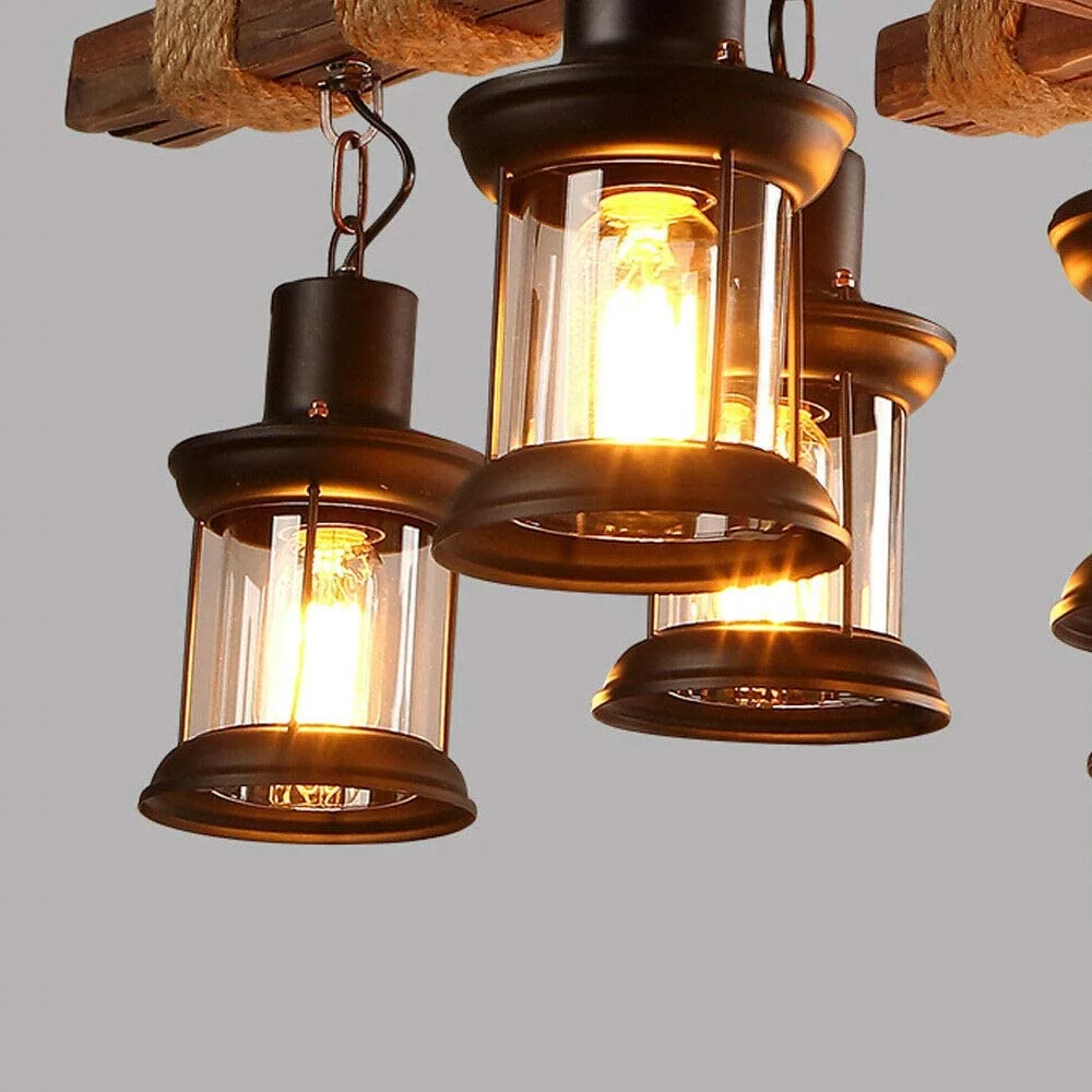 OUKANING 8-Light Farmhouse Chandelier, Retro Iron Wooden Frame Industrial Pendant Light Rustic Antique Ceiling Lamp Lighting Fixtures