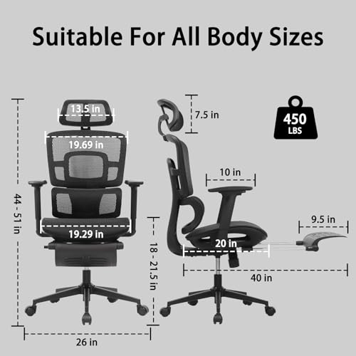 Ergonomic Office Chair with Footrest, 4D Adjustable Armrests, Comfy Swivel Rolling Mesh Computer Desk Chair with Lumbar Support, Wheels for Office, Home, Gaming, S2 Elite
