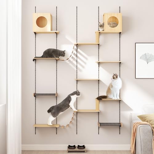 COZIWOW Wall-Mounted Cat Climber Furniture – 25-Piece Set with Cat Shelves, House, Platform, Bridge, Hammock & Scratching Board – DIY Indoor Playground Furniture for Cats (Burlywood)