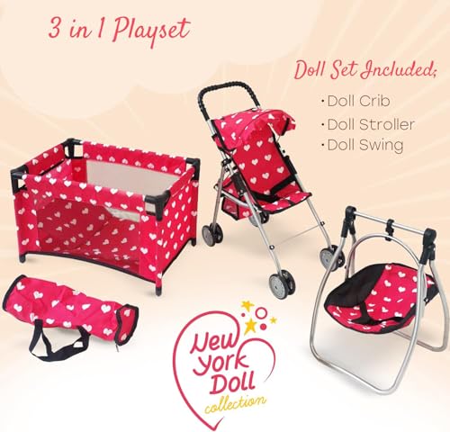 Deluxe Baby Doll Stroller with Crib Furniture Playset, Multi Baby Doll Accessories Set for 18
