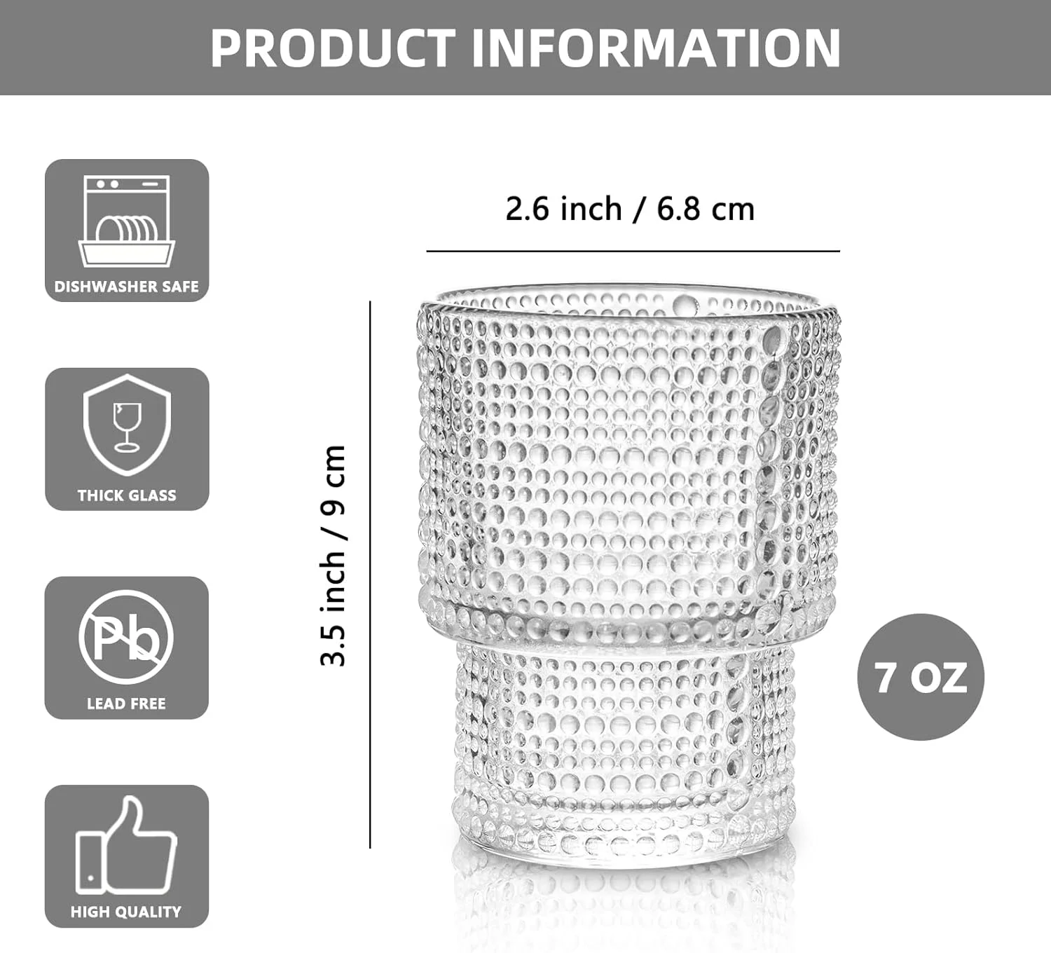 Glass Cups Vintage Glassware | Set of 4 Small, Raindrop Origami Style Transparent Cocktail Glasses Set, Beaded Detailing Pattern Ice Coffee Cup Juice Drinkware, Clear, 190ml (S)