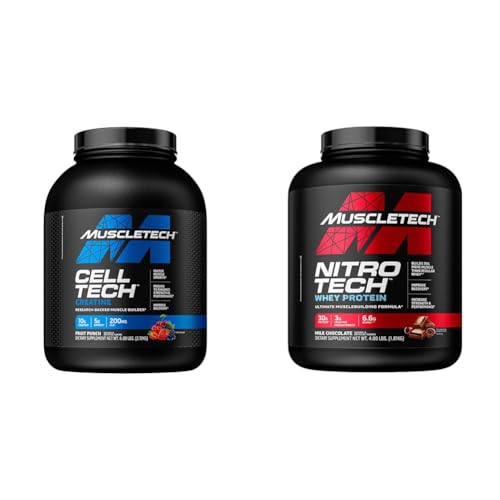 MuscleTech Creatine Monohydrate Powder Cell-Tech Creatine Powder & n Powder Nitro-Tech Whey Protein Isolate & Peptides | Milk Chocolate, 4 Pound (Pack of 1), 40 Servings