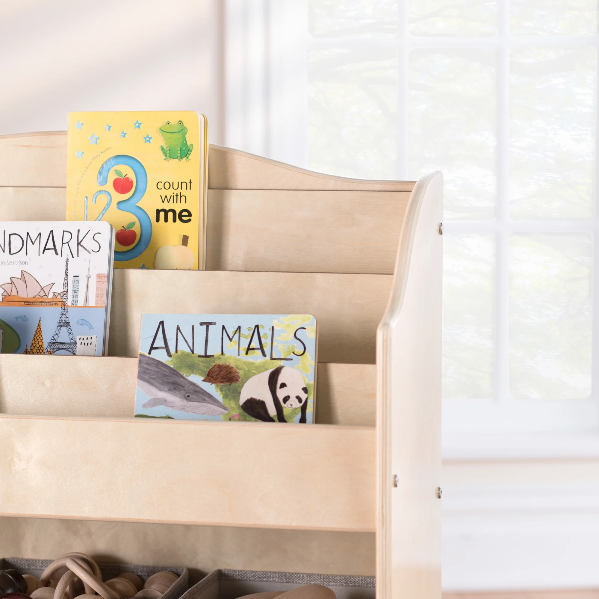 Guidecraft EdQ Essentials Book and Bin Browser Natural: 6 Fabric Storage Bins, Book Display and Toy Storage Organizer for Kids; School Supply Furniture