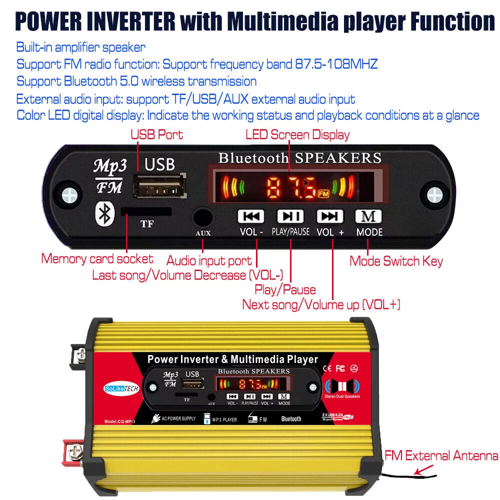 1500W Power Inverter - Car Power Inverter DC 12V to AC 110V Car Converter with LED Display Remote, Yellow