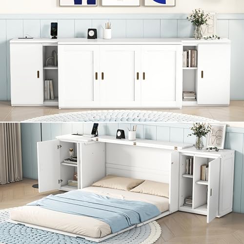 Queen Size Murphy Wall Bed With Storage and Bookcase Headboard, Solid Wood Cabinet With Shelves and USB Ports, Multi-Function Platform Floor for Home Office, Guest Room (White)
