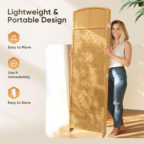 JOSTYLE Folding Privacy Room Divider, 4 Panel Screen Divider 6 ft. Tall Freestanding Extra Wide Rattan Room Partition Wall Separation Dividers, Grey