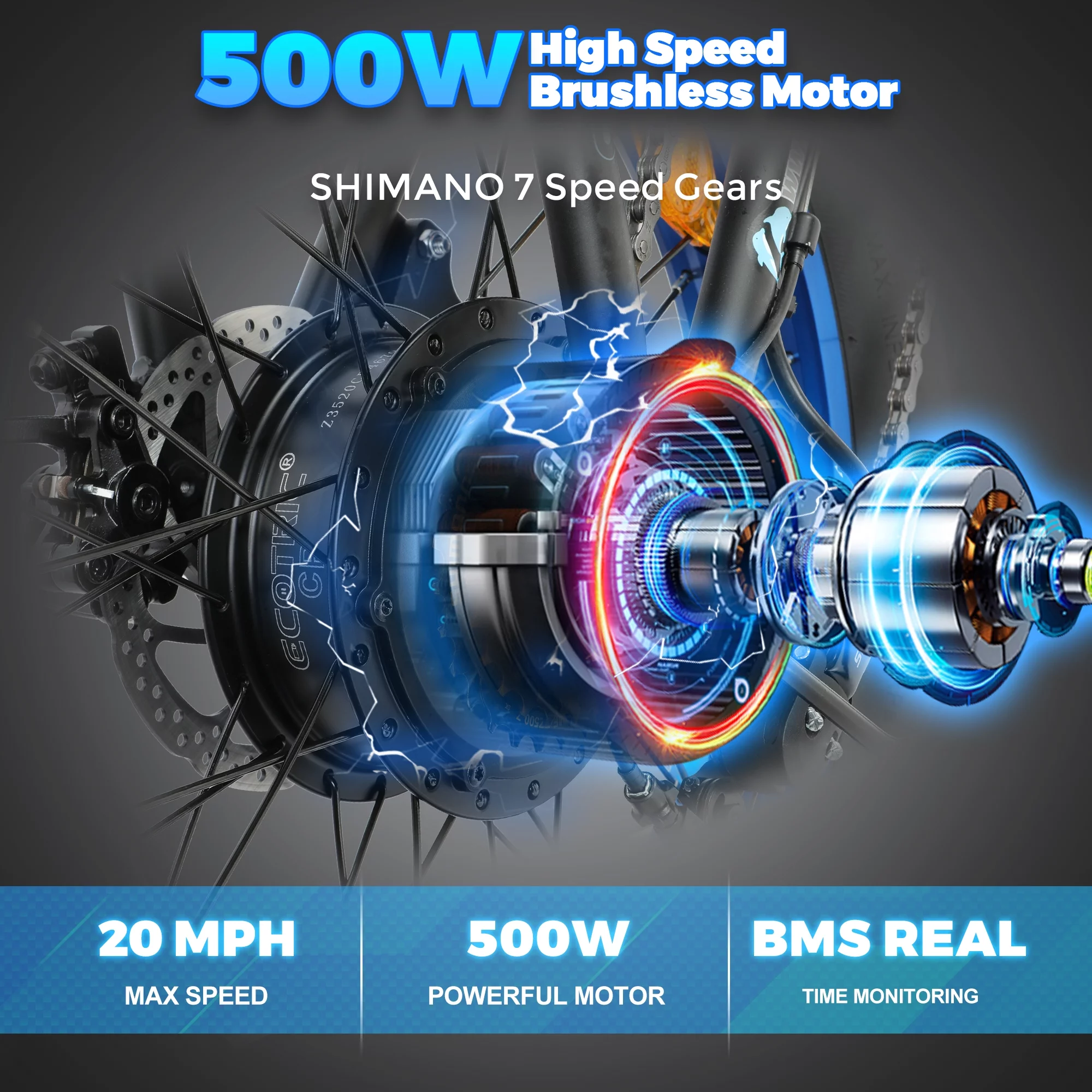 Ecotric E-Ride Foldable 20“ 500W 36V Electric Bicycle Fat Tire Removable Battery 7 Speed Child A-E516646