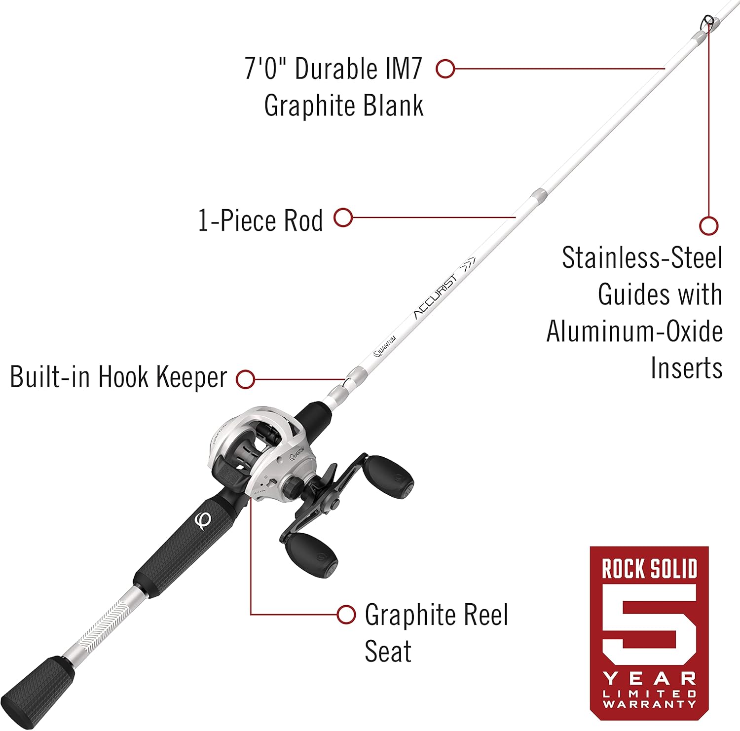 Quantum Accurist Baitcast Reel and Fishing Rod Combo, 7-Foot 1-Piece Fishing Pole with ComfortGrip Rod Handle, One-Piece Aluminum Frame, Right-Hand Retrieve