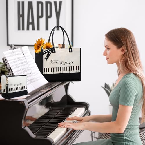 BeeGreen Mother's Day Gifts Personalized Women's Large White and Black Canvas Tote Bag, Embroidered Initials, Leather Handle, Zipper Closure